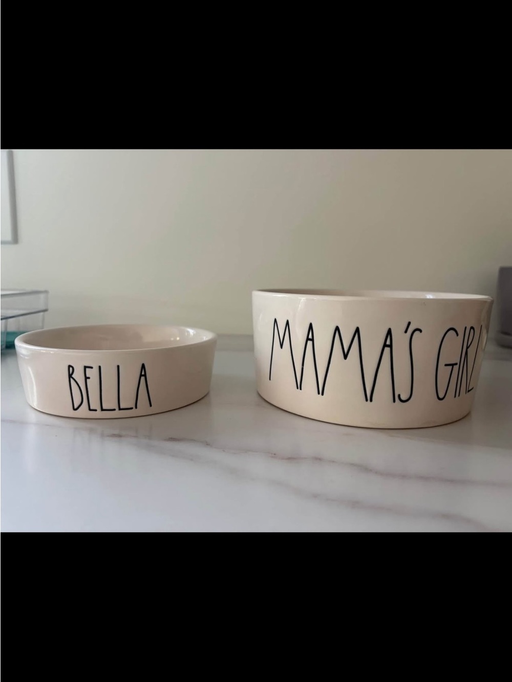 Rae Dunn Cream Ceramic Pet Bowls with Black Lettering - 'BELLA' & 'MAMA'S GIRL'